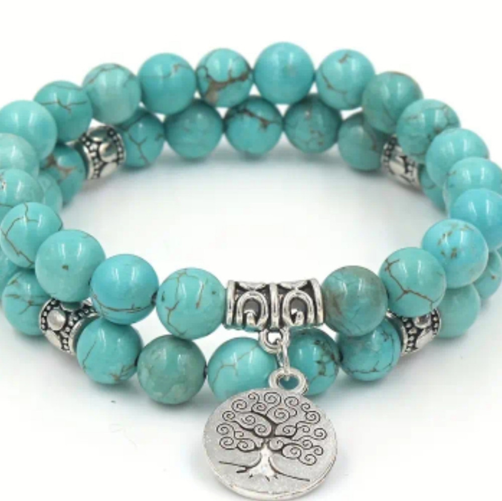 Exquisite Turquoise Beaded Tree of Life Pendant Bracelet Set.